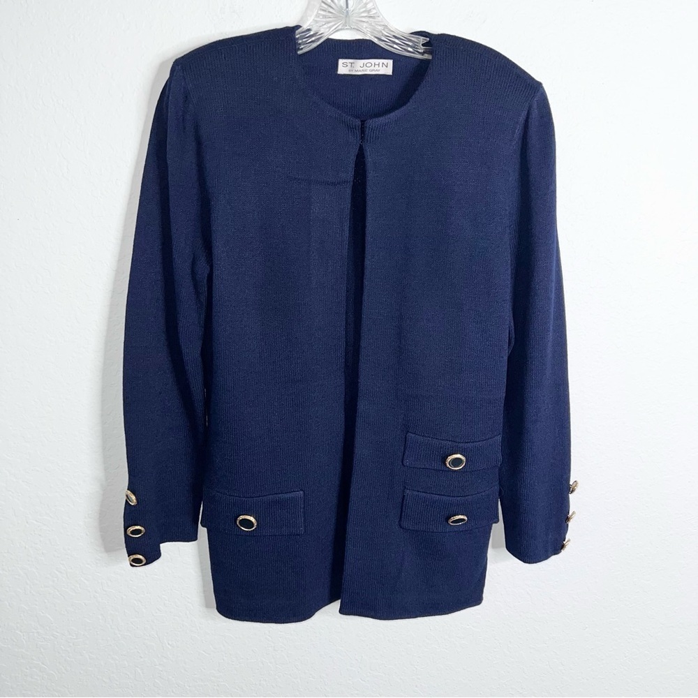 St. John Jacket Womens 10 Cardigan Open Front Santana Knit Navy Blue L